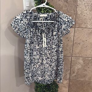 Lovestitch Blue and Ivory double ruffle sleeve Tie Front Blouse